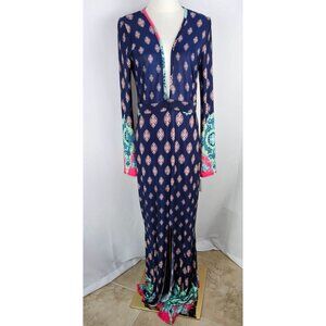 Ming Ming Maxi Dress Sz Medium Long Sleeve Navy Pink Sexy Boho Knit